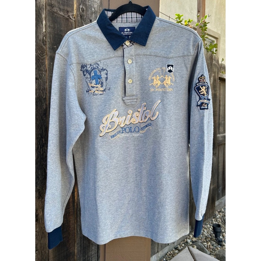 La Martina Mens L Gray Rugby Polo Shirt Highlands Scotland Embroidered Cotton